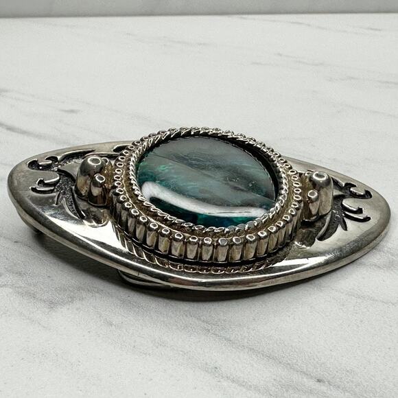Vintage Abalone Shell Western Belt Buckle Silver Southwestern ✨ - Picture 6 of 10